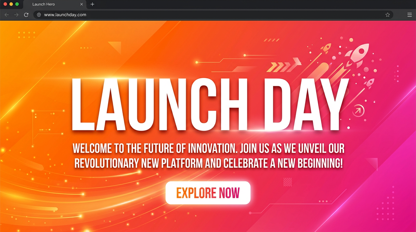 Website hero banner reading LAUNCH DAY over an orange to pink gradient