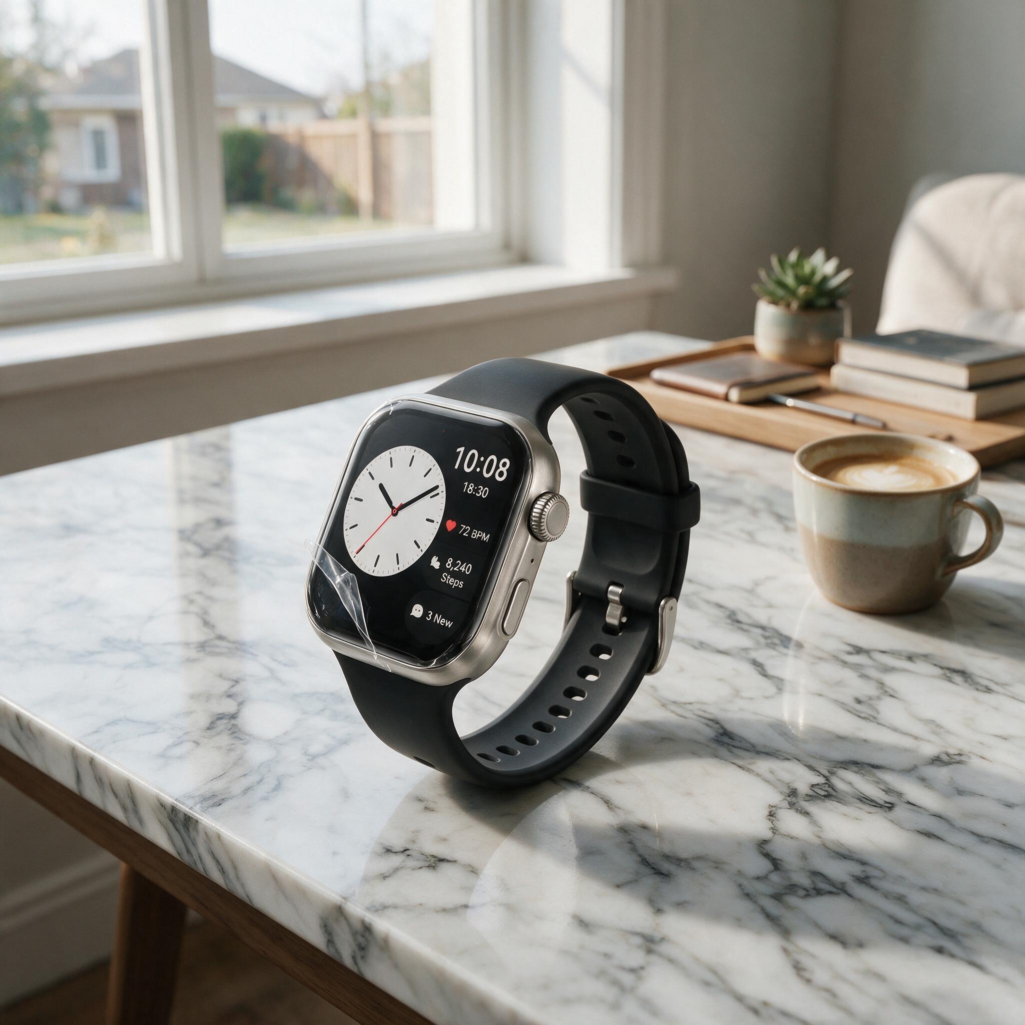Photorealistic smartwatch on a marble desk lit by soft window light