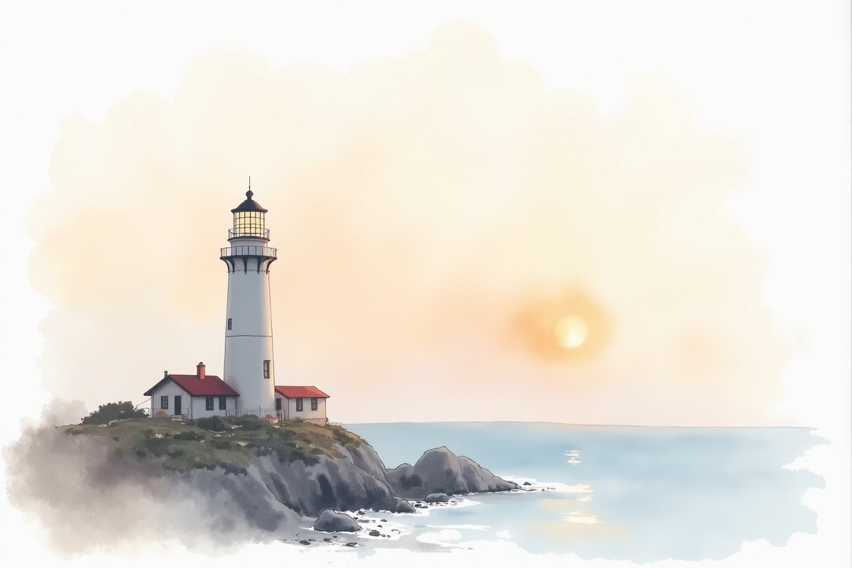 Watercolor illustration of a lighthouse at dawn in a muted palette